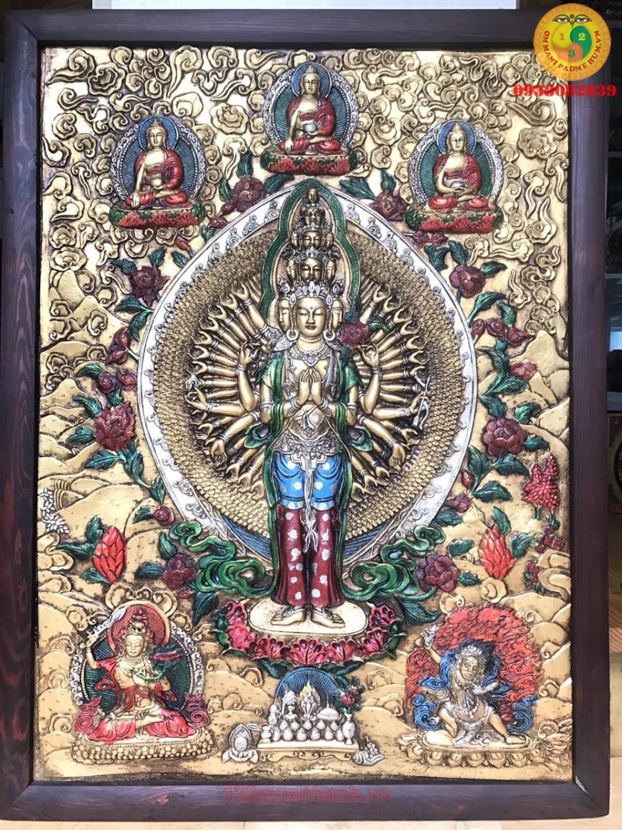 Tranh Thangka Kiểu cổ 3D Thiên Thủ Quan Âm